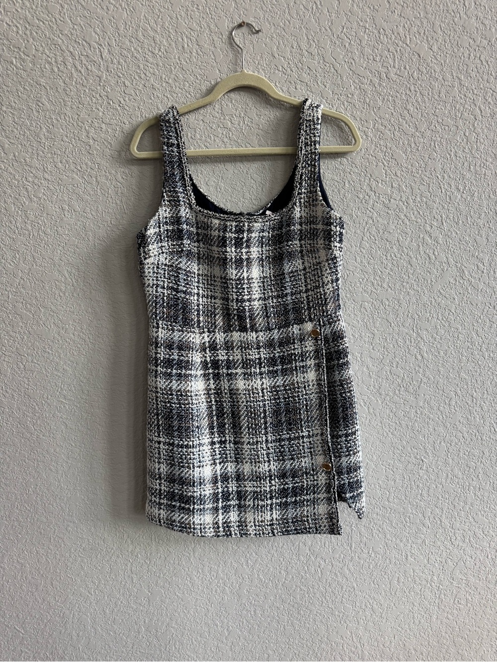 Plaid Tweed Tank Mini Dress in Blue & White